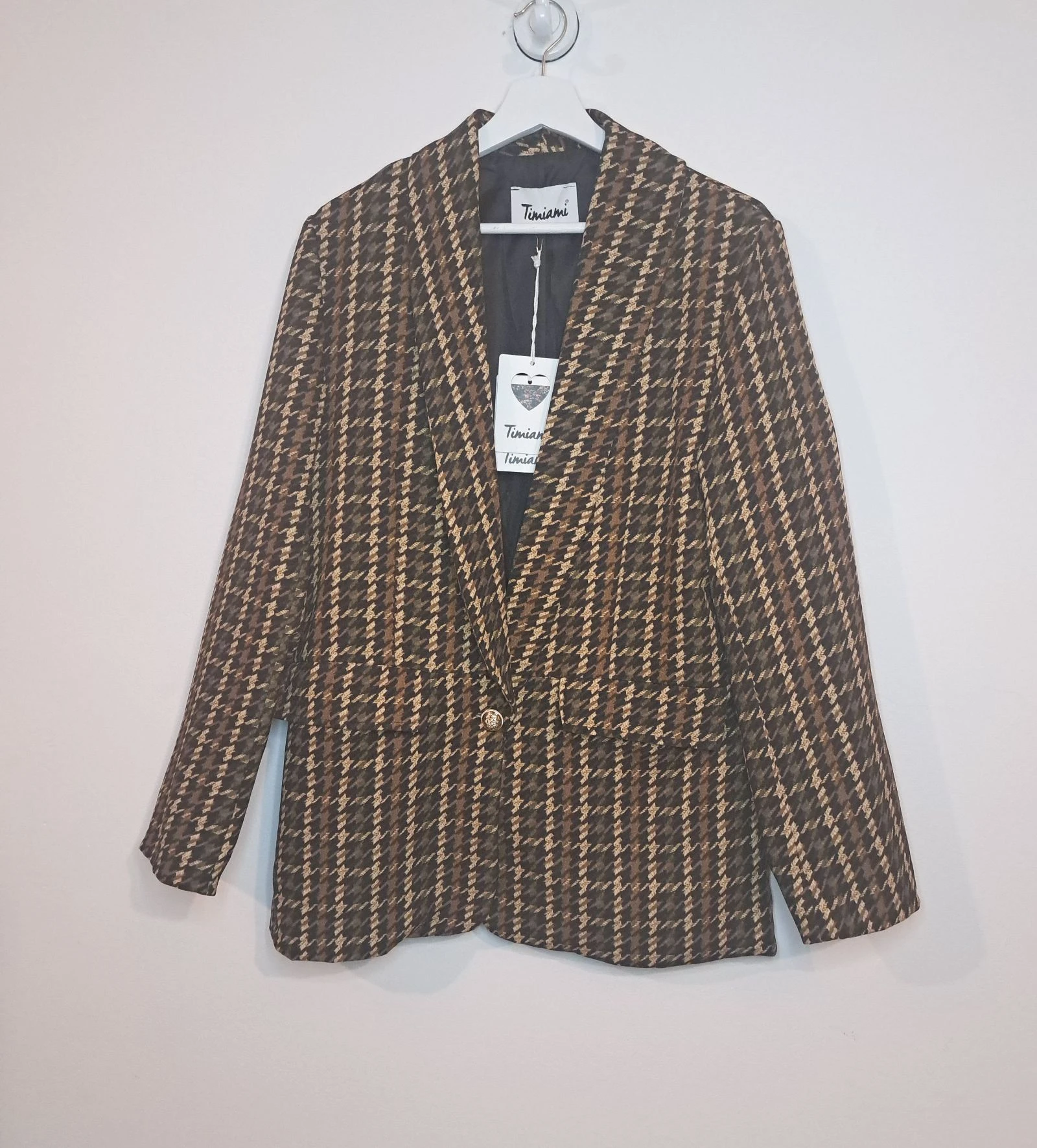Oversized Houndstooth Blazer Brown Tones • Fully Lined • Size M • Vintage Chic